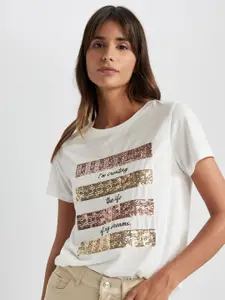 DeFacto Typography Printed Embellished T-shirt