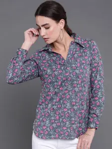 antaran Floral Printed Shirt Collar Cotton Top