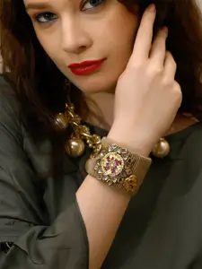 ODETTE Women Gold Plated Stone Studded Cuff Bracelet