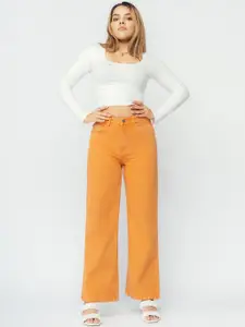 FREAKINS Women Orange Wide Leg High-Rise Pure Cotton Jeans