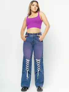 FREAKINS Women Blue Wide Leg High-Rise Heavy Fade Pure Cotton Jeans