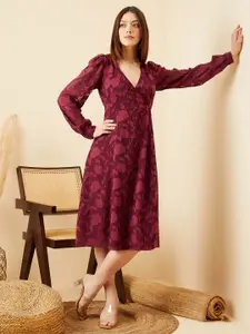 Berrylush Maroon Bishop Sleeve Layered Jacquard Midi Dress