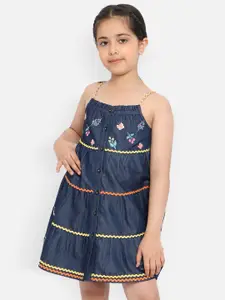 Nauti Nati Girls Floral Embroidered Tiered Pure Cotton A-Line Dress