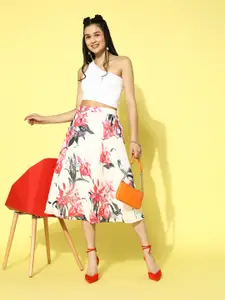 Berrylush White Floral Print Flared Midi Skirt