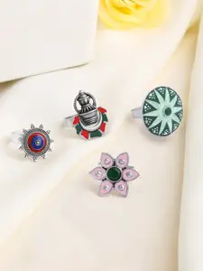 Yellow Chimes 4 Pcs Oxidised Silver-Plated Stone-Studded Adjustable Rings