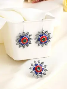 Yellow Chimes Silver-Plated Oxidized Contemporary Drop Earrings with Finger Ring