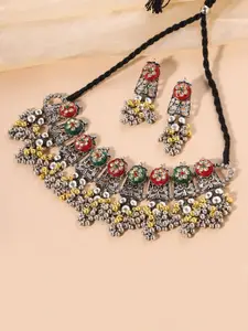 Yellow Chimes Silver-Plated Oxidised Choker Necklace and Earrings
