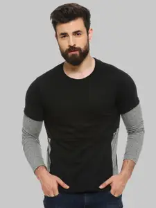 Campus Sutra Black Colourblocked Round Neck Long Sleeves Casual Cotton T-shirt