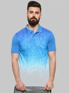 Campus Sutra Blue Abstract Printed Polo Collar Long Sleeves Sports T-shirt