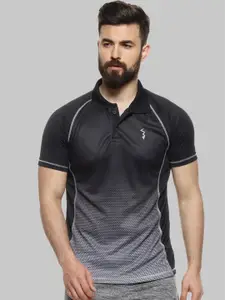 Campus Sutra Black & Grey Polo Collar Raglan Sleeves Sports T-shirt