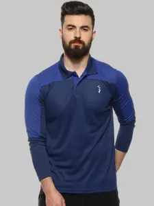 Campus Sutra Navy Blue Polo Collar Long Sleeves Sports T-shirt