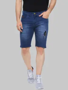 Campus Sutra Men Blue Mildly Distressed Washed Cotton Denim Shorts