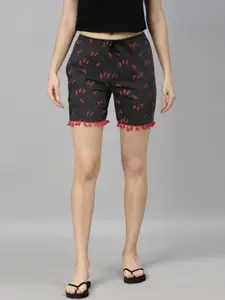 Kryptic Women Grey Floral Printed Slim Fit Pure Cotton Lounge Shorts