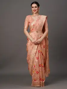 Mitera Peach-Coloured & Gold-Toned Ethnic Motifs Woven Design Zari Banarasi Saree