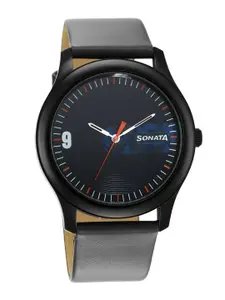 Sonata Men Textured Dial & Leather Straps Analogue Watch- 77106NL02W