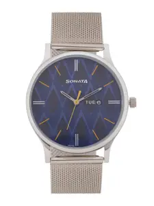 Sonata Men Printed Dial & Stainless Steel Bracelet Style Straps Analogue Watch- 77105SM04