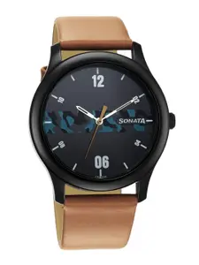 Sonata Men Printed Dial & Leather Straps Analogue Watch- 77106NL04W