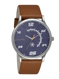 Sonata Men Printed Dial & Leather Straps Analogue Watch- 77105SL04