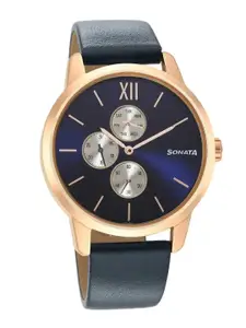 Sonata Men Round Dial & Leather Straps Analogue Watch- 7139WL02