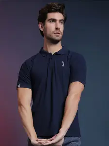 Campus Sutra Navy Blue Dry-Fit Polo Collar Activewear T-shirt