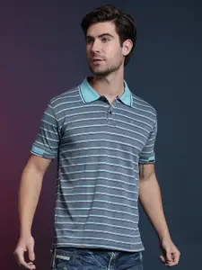 Campus Sutra Blue Striped Polo Collar Casual T-shirt