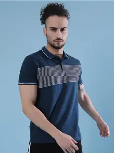 Campus Sutra Navy Blue Striped Polo Collar Short Sleeves Casual Cotton T-shirt