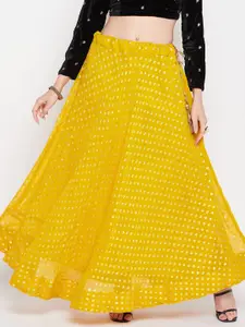 Clora Creation Ethnic Motifs Foil Print Ruffles Georgette Flared Maxi Skirt