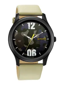 Sonata Men Printed Leather Straps Analogue Watch 77106NL03W