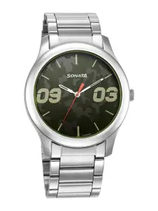 Sonata Men Printed Dial & Stainless Steel Bracelet Style Straps Analogue Watch 77106SM05W