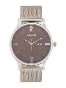 Sonata Men Printed Dial & Stainless Steel Bracelet Style Straps Analogue Watch 77105SM05