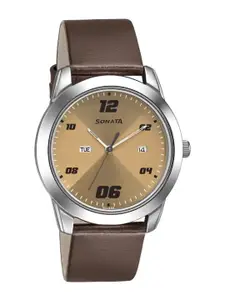 Sonata Men Round Dial & Leather Straps Analogue Watch 7924SL13