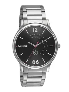 Sonata Men Patterned Dial & Stainless Steel Straps Analogue Watch 77105SM03
