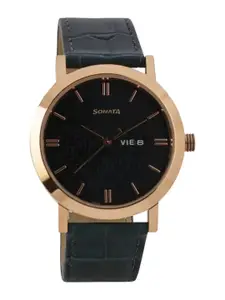 Sonata Men Round Dial & Leather Textured Straps Analogue Watch 77108WL03