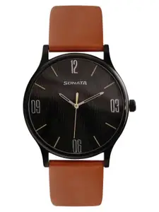 Sonata Men Round Dial & Leather Straps Analogue Watch 77105NL03