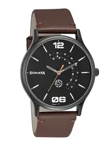 Sonata Men Printed Leather Straps Analogue Watch 77105NL01