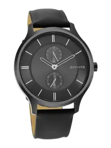 Sonata Men Round Dial & Leather Straps Analogue Watch- 7140NL04