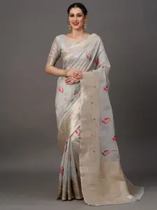 Saree mall Grey & Pink Paisley Woven Design Zari Organza Banarasi Sarees