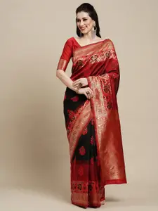 Saree mall Black & Red Floral Woven Design Zari Kanjeevaram Sarees