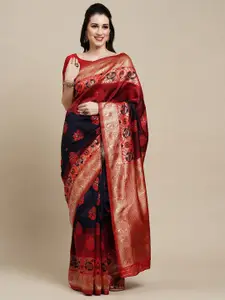 Saree mall Navy Blue & Gold-Toned Floral Woven Design Zari Kanjeevaram Sarees