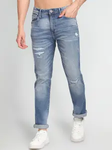 Flying Machine Men Straight Fit Mildly Distressed Light Fade Whiskers Jeans