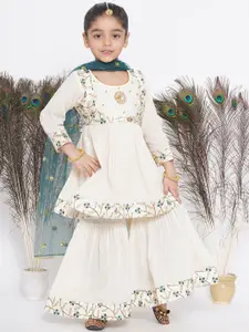 Little Bansi Little Bansi Girls Embroidered Pure Cotton Kurta With Sharara & Dupatta With Jacket
