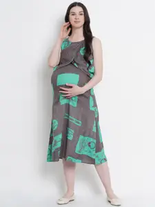SIDE KNOT Print A-Line Maternity Midi Dress