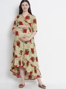 SIDE KNOT Floral Printed Wrap Maxi Maternity Dress