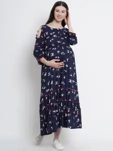 SIDE KNOT Floral Printed Boat Neck Cold-Shoulder Maternity Maxi Fit & Flare Dress