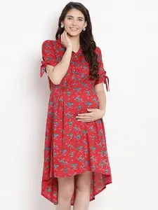 SIDE KNOT Floral Printed High - Low A-Line Maternity Dress