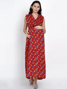SIDE KNOT Floral Printed V-Neck Maternity Maxi Dress