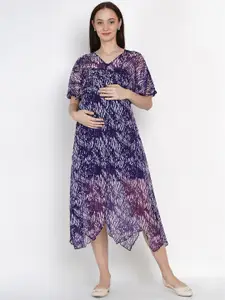 SIDE KNOT Print Flared Sleeve Fit & Flare Midi Maternity  Dress