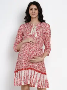 SIDE KNOT Floral Printed Tie-Up Neck Maternity A-Line Dress