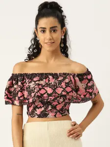 Sleek Italia Pink & Black Animal Print Off-Shoulder Flutter Sleeve Layered Crepe Bardot Crop Top