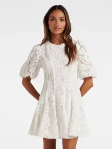 Forever New Floral Self Design Round Neck Puff Sleeves Lace Fit & Flare Dress